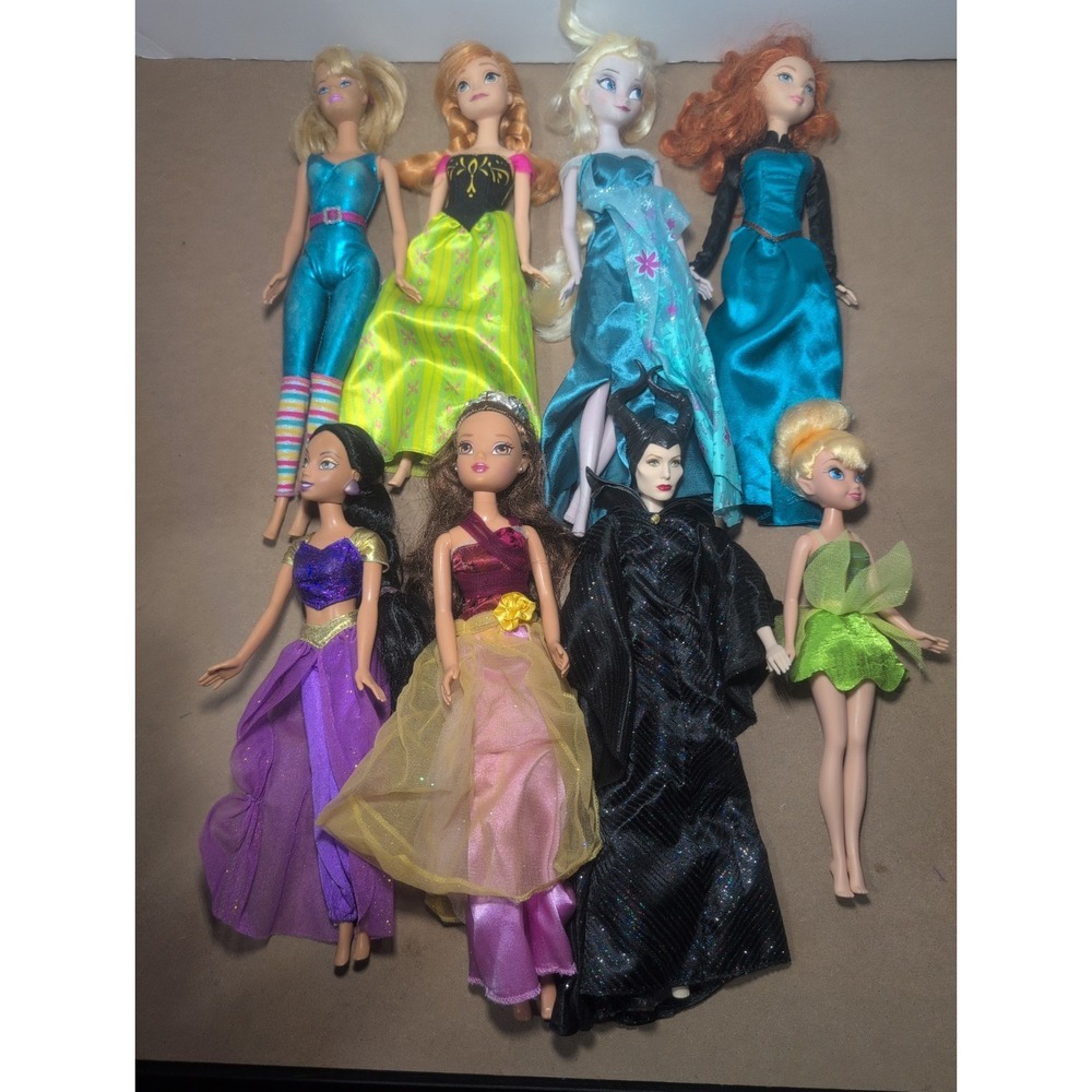 Disney Mattel Assorted Doll Lot Of 8 Frozen, Aladdin, Maleficent And More